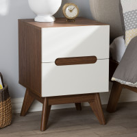 Baxton Studio Calypso-Walnut/White-NS Calypso Mid-Century Modern White and Walnut Wood 3-Drawer Storage Nightstand